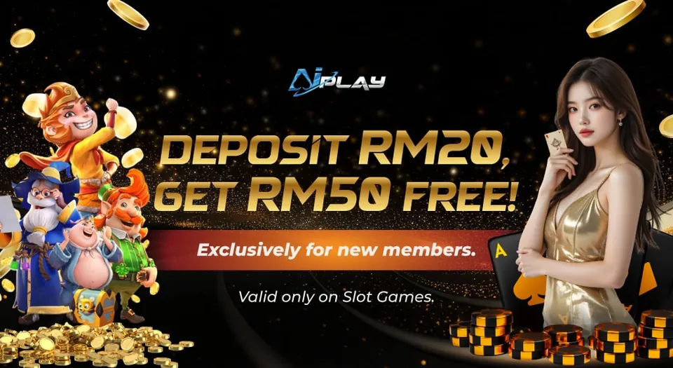 AIPLAY banner: Deposit RM20, get RM50 free. Exclusively for new members, valid only on slot games.